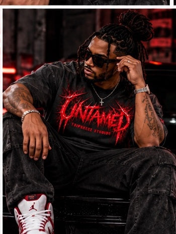 UNTAMED shirt seated model mockup